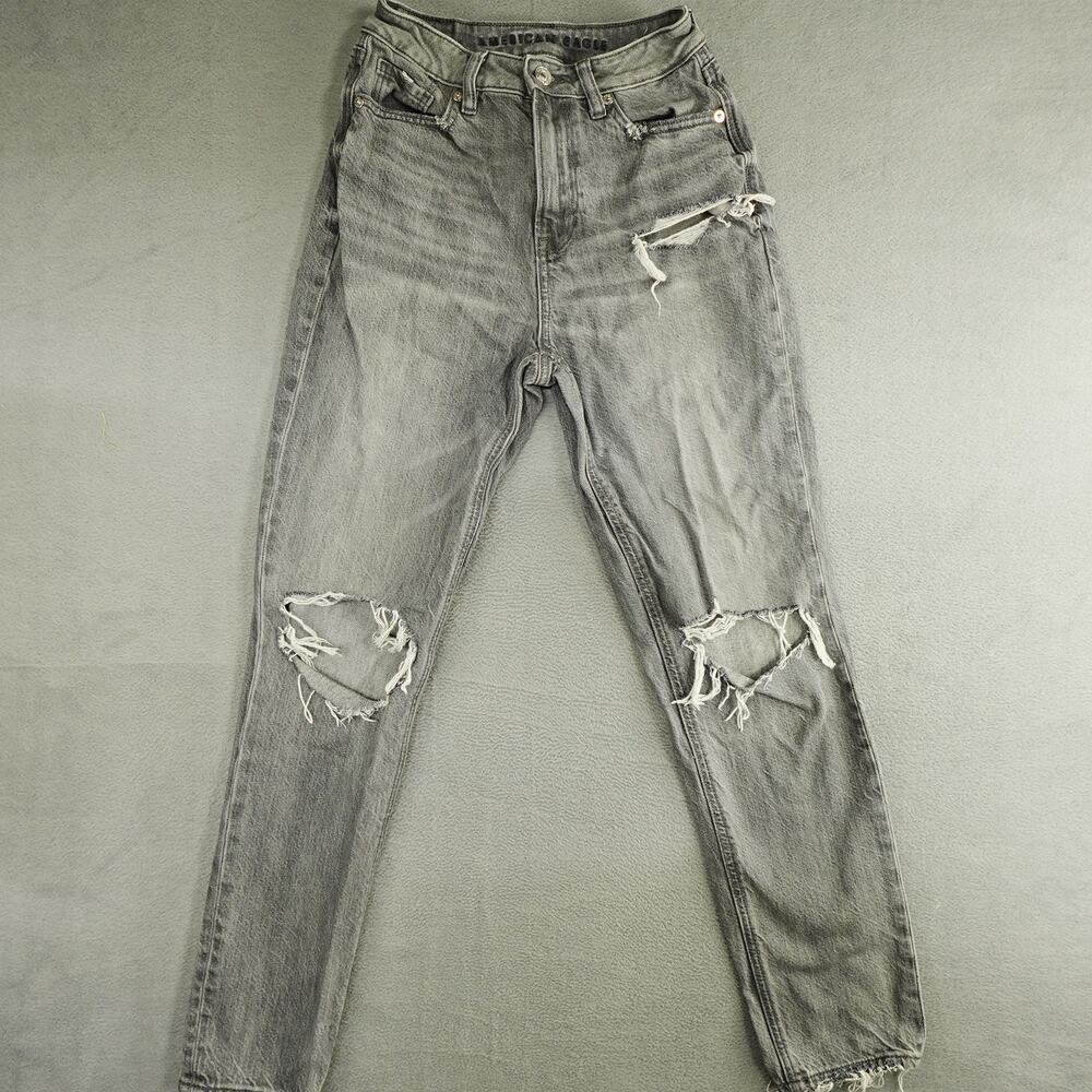 AMERICAN EAGLE Charcoal Distressed Mom Denim Jeans Womens Size 00‎ 24x26.5